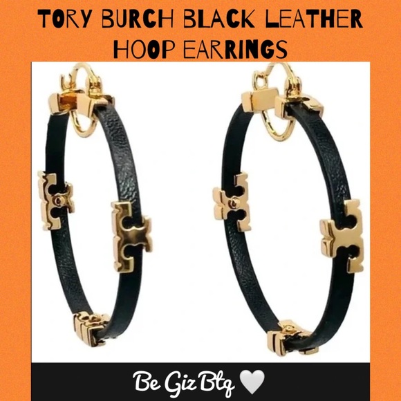 🆕 Authentic TORY BURCH Gold Black Serif T & Leather Hoop Earrings - Picture 5 of 12